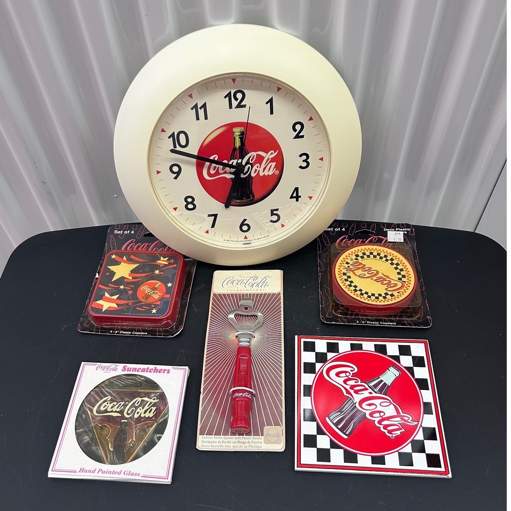 Vintage Coca-Cola Lot Wall Clock Bottle Opener Coasters Suncatcher 6pc Bundle